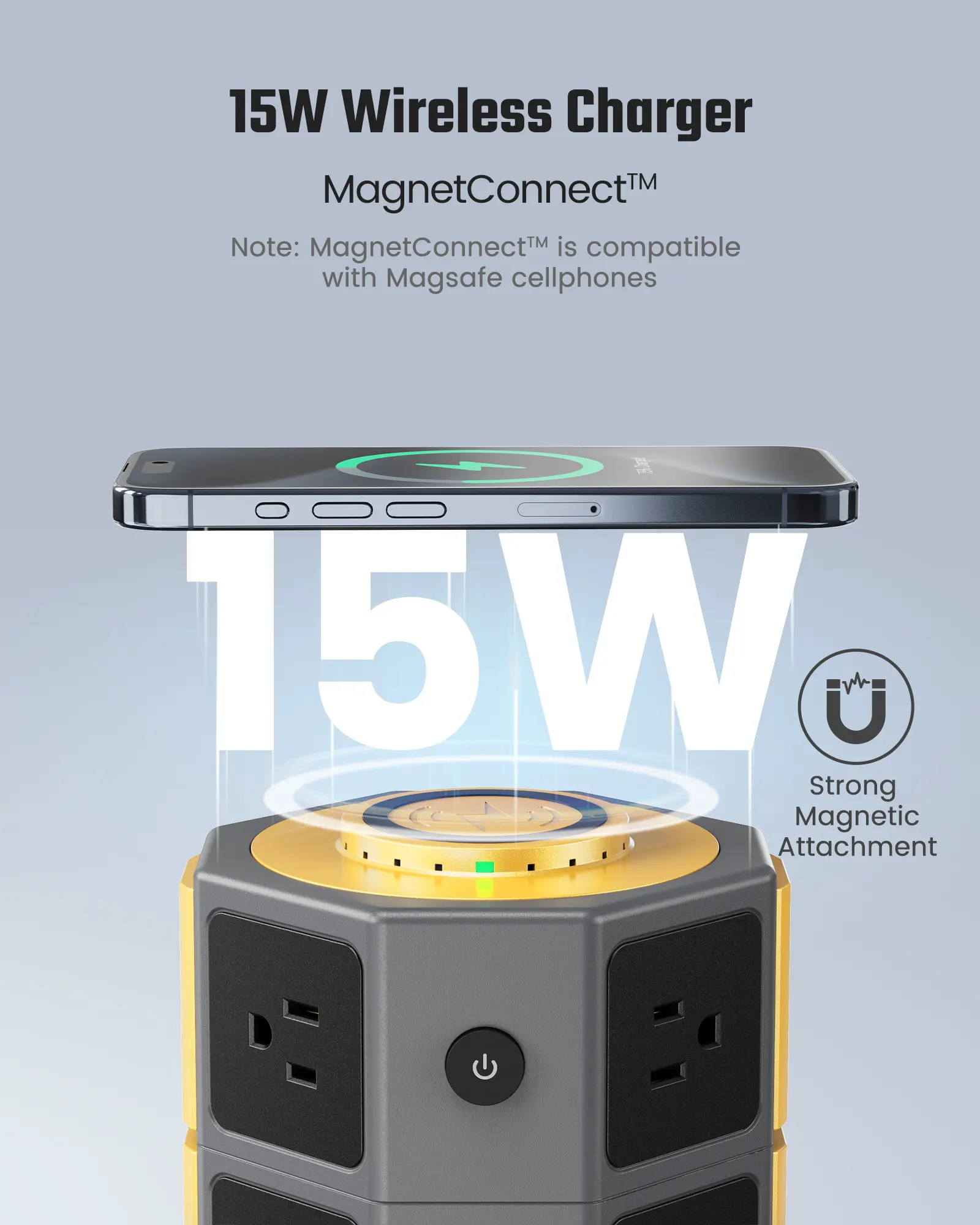 SUPERDANNY 15W Magnetic Wireless Charger Surge Protector Tower 1050J Power Strip with 12 AC Outlets 6 USB Ports 6.5ft Cord for Home Office Dorm
