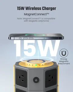 SUPERDANNY 15W Magnetic Wireless Charger Surge Protector Tower 1050J Power Strip with 12 AC Outlets 6 USB Ports 6.5ft Cord for Home Office Dorm