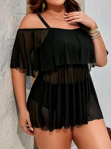 【Plus Size】 Solid Color Tankini Set, Sexy Sheer Dress & Swim Knicker, Women's Swimwear for All Seasons