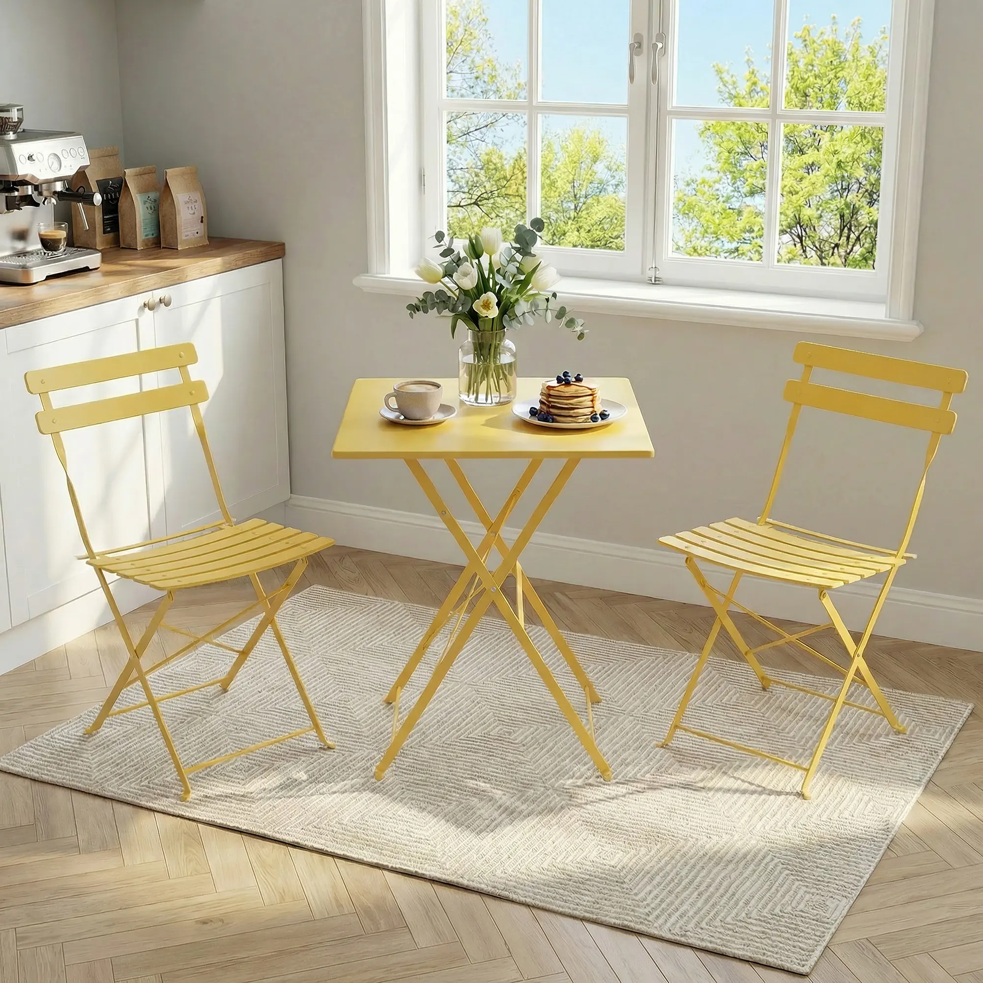 Space-Saving 3-Piece Folding Patio Bistro Set – Metal Frame Outdoor Furniture with No Assembly, Collapsible Table & 2 Chairs for Balcony, Garden, or Yard