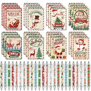48 Pcs Christmas Mini Notepads with Pens Set Christmas Spiral Notebooks Small Memo Pad Santa Snowman Pocket Notebook Ballpoint Pens for Holiday Party Stocking Fillers Classroom Gifts