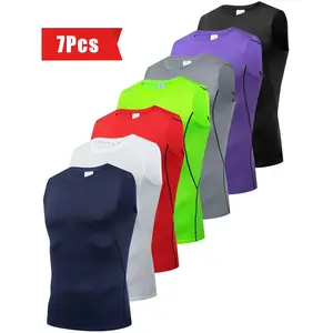 7pcs Men's Athletic Compression Vests in Assorted Colors - Breathable & Moisture-Wicking, Sleeveless Workout Shirts for Gym, Running & Training - Quick-Dry, Stretch Fabric, Machine Washable, Workout Accessories