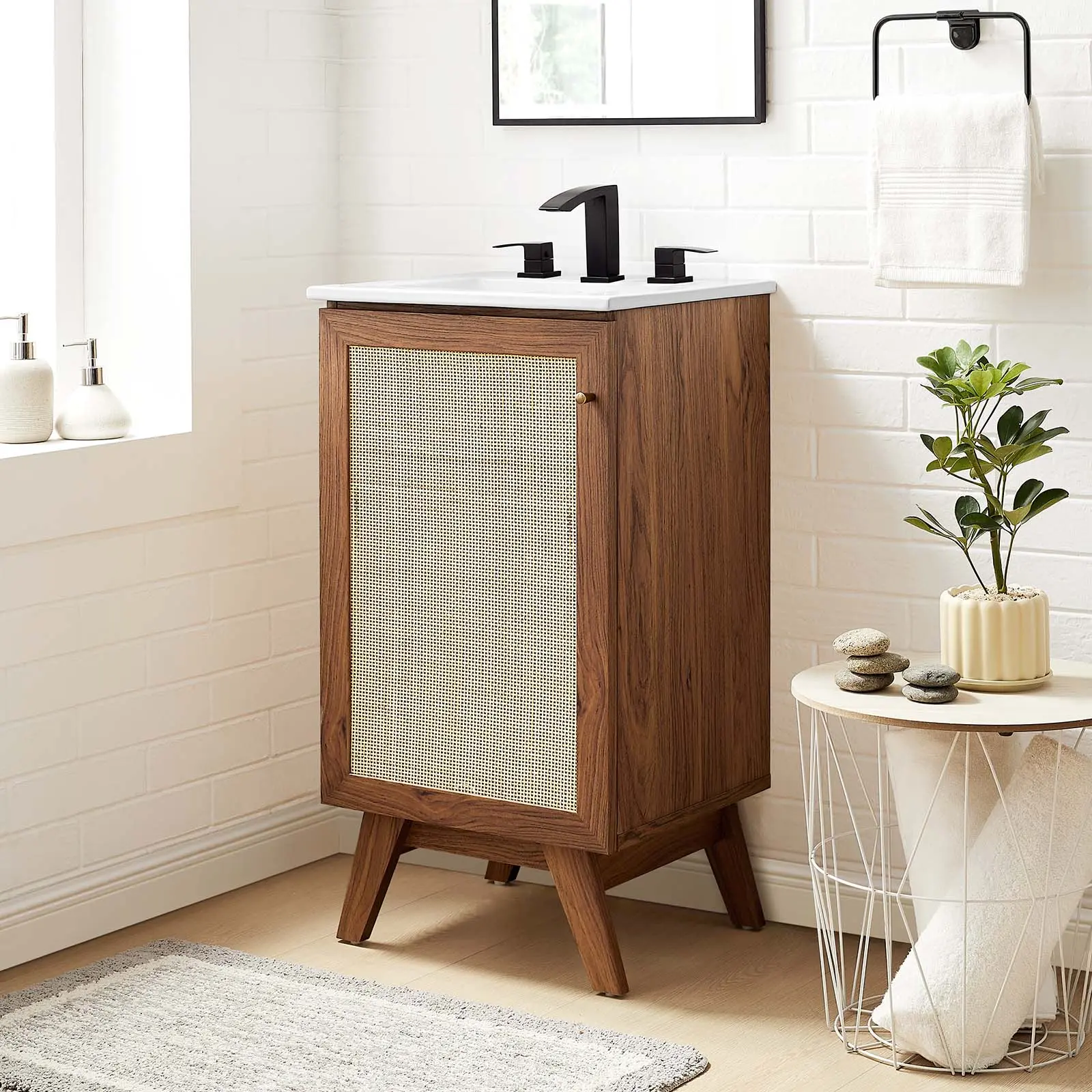 Modway Soma 18” Modern Wood Bathroom Vanity Cabinet - Stylish Finish, Adjustable Functional Storage (Sink Basin Not Included, Walnut), Assembly Required, Metal Doorknob