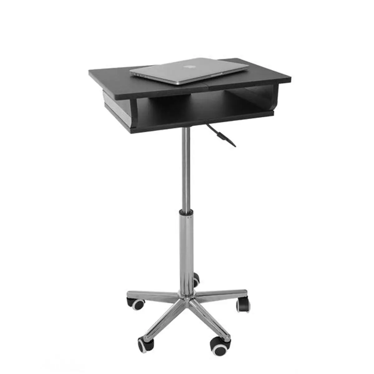 Techni Mobili Adjustable Height Rectangular Folding Laptop Cart with Middle Desktop, Graphite Metal Top, Chromed Steel Frame, Fits Laptops Up to 16.5 in Wide, Provides Additional Workspace, 22 lbs, 26-35.75x20.75x14.25 in