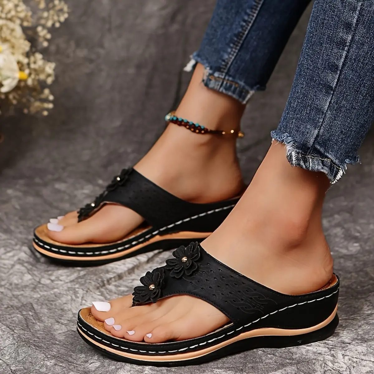 Women's Synthetic Wedge Sandals with Floral Print, Comfortable Cut Out Summer Flipflop Shoe, Slip Resistant Footwear