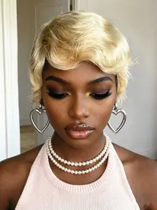 Blonde Pixie Cut Short Finger Wave Curly Wig, Machine Made Human Hair Wigs for Women, Daily Party Cosplay Use, Short Human Hair Wig