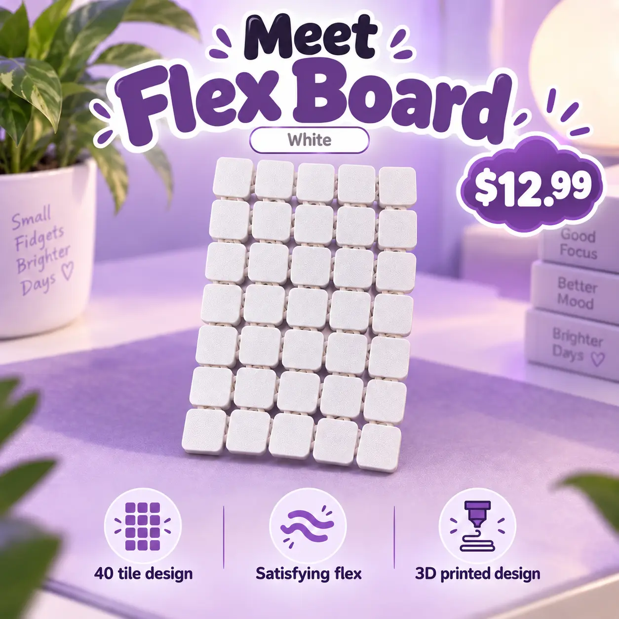 40-Tile Flexible Fidget Board – 3D Printed Desk & Hand Fidget
