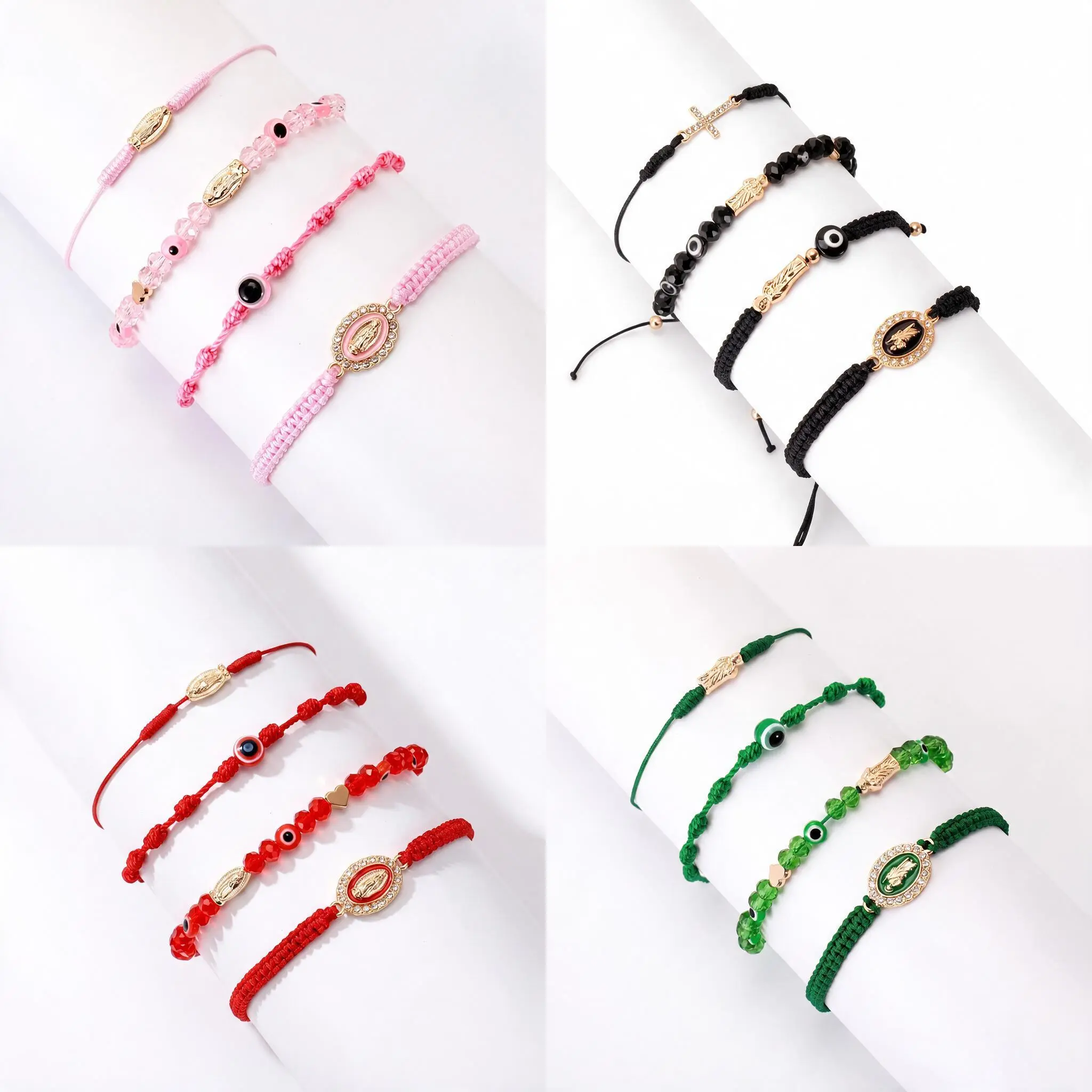 4-Piece Braided Charm Bracelets for Men & Women, Rhinestone Evil Eye, Heart & San Judas Charms, Adjustable Cute Friendship Bracelets, Trendy Everyday Jewelry Gifts for Boys & Girls