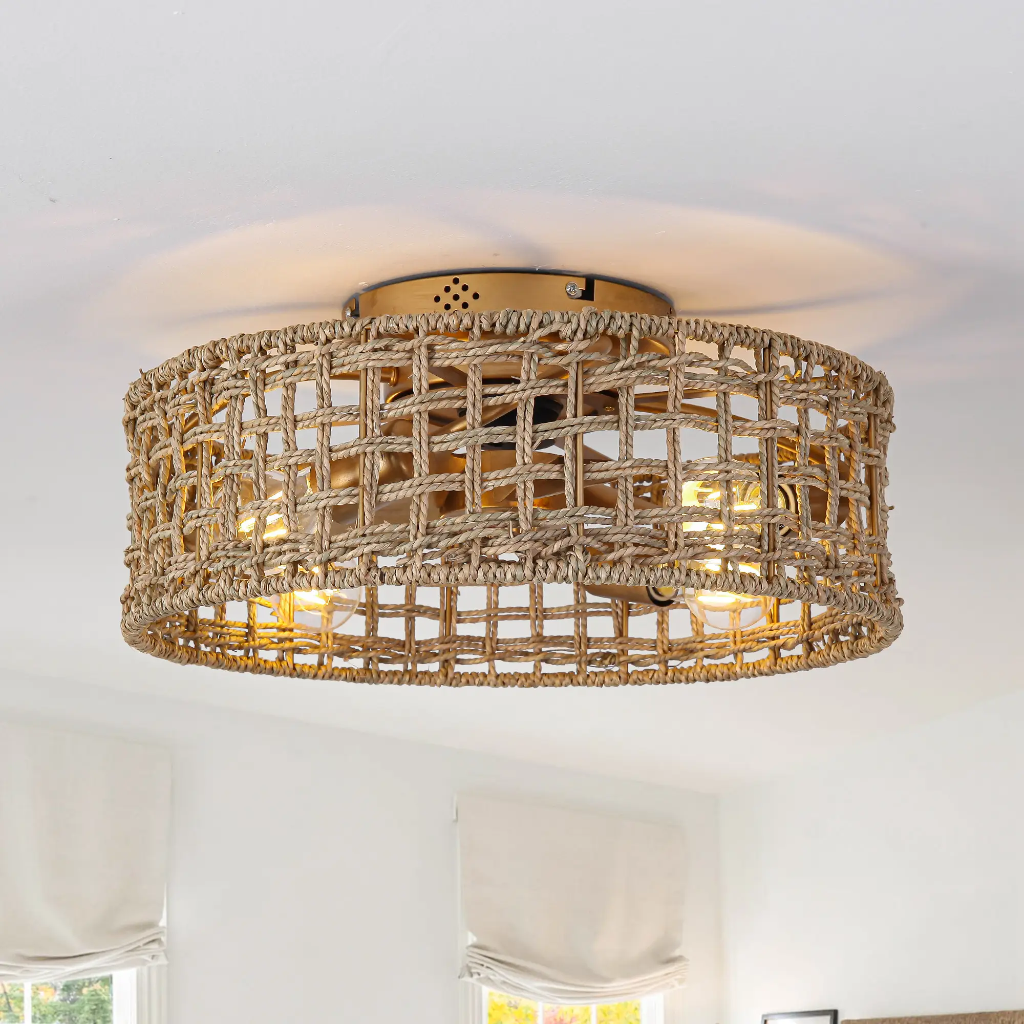 18 Inch Golden Farmhouse Rattan Flush Mount Ceiling Fan with Light APP and Remote Control