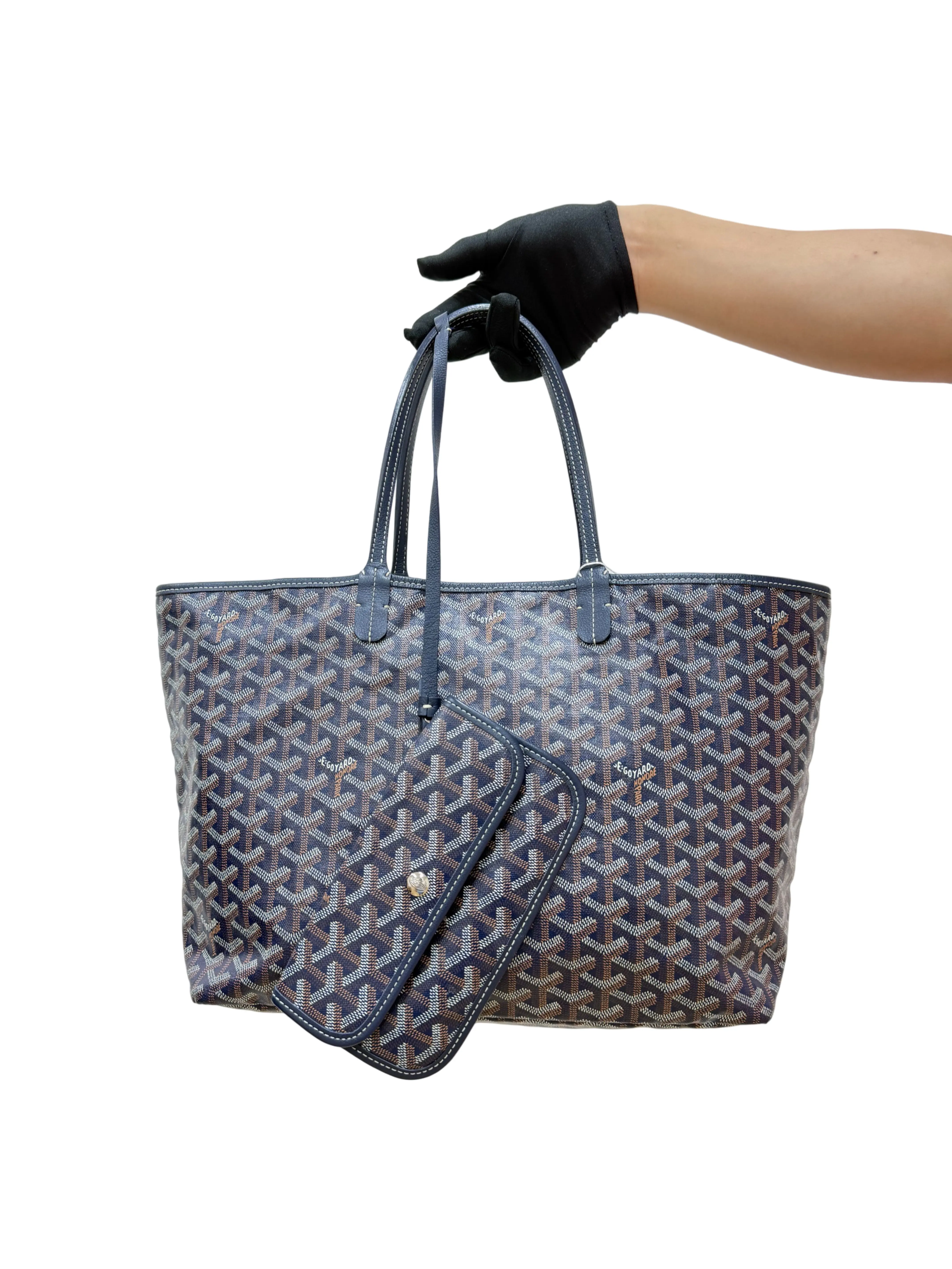 Pre-owned Goyard Saint Louis PM Navy Black Goyardine Canvas Preowned Tote Bag with Matching Pouch Authentic Designer Bag