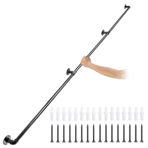 【fathersdaygift】VEVOR Pipe Stair Handrail, 9FT Staircase Handrail, 440LBS Load Capacity Carbon Steel Pipe Handrail, Industrial Pipe Handrail with Wall Mount Support, Round Corner Wall Handrailings for Indoor, Outdoor