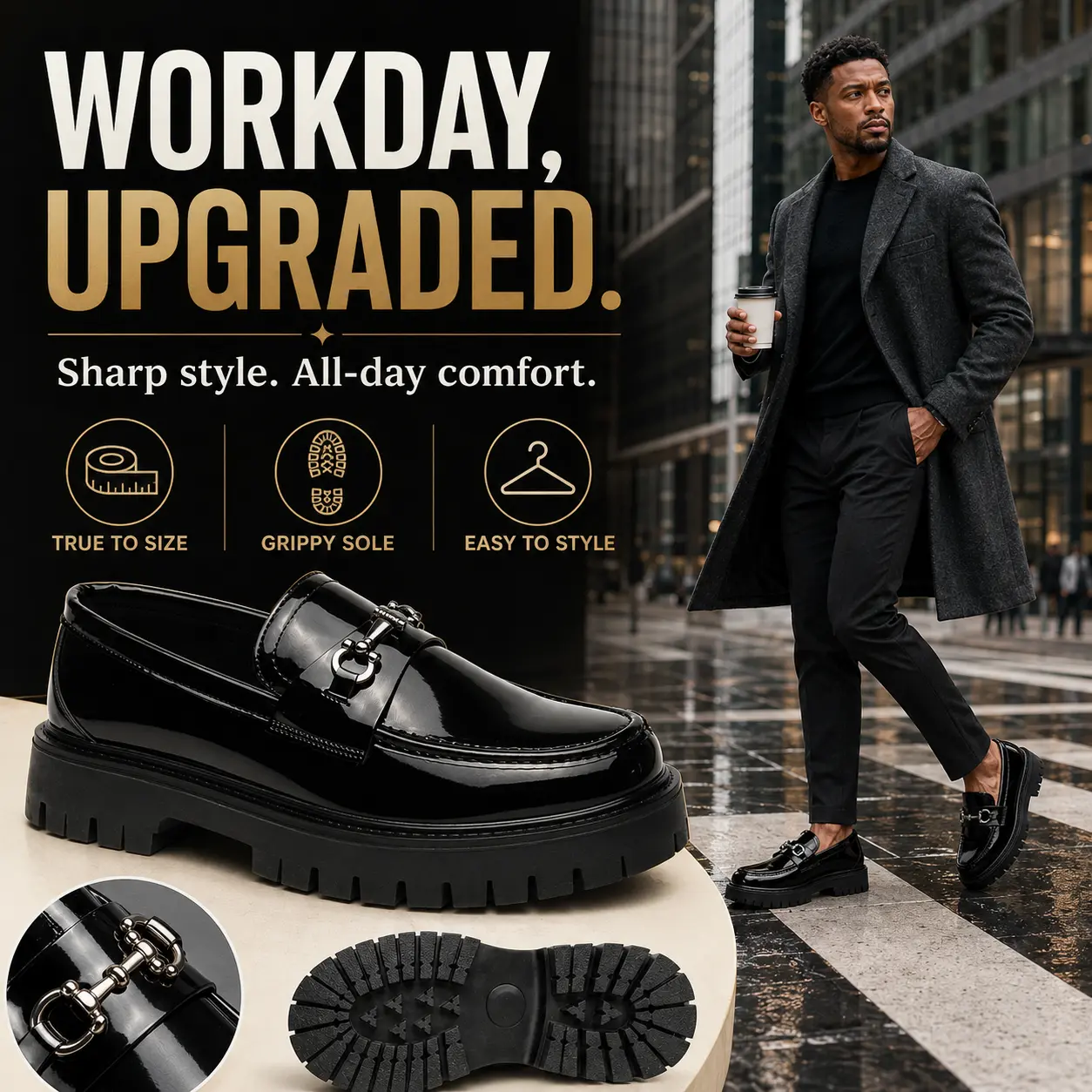 Men’s Patent Leather Chunky Flat Loafer Footwear - Buckle Detailing, Cushiony Slip-On Shoe, Black Metal Buckle, Anti-Slip Thick Lug Sole, for Business & Casual Wear