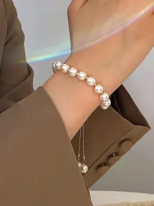 French Vintage Adjustable Faux Pearl Bracelet, Elegant Luxurious Style, Extender Chain Design, Lightweight Comfortable Wear, Unisex Jewelry, Trendy Jewellery Accessories