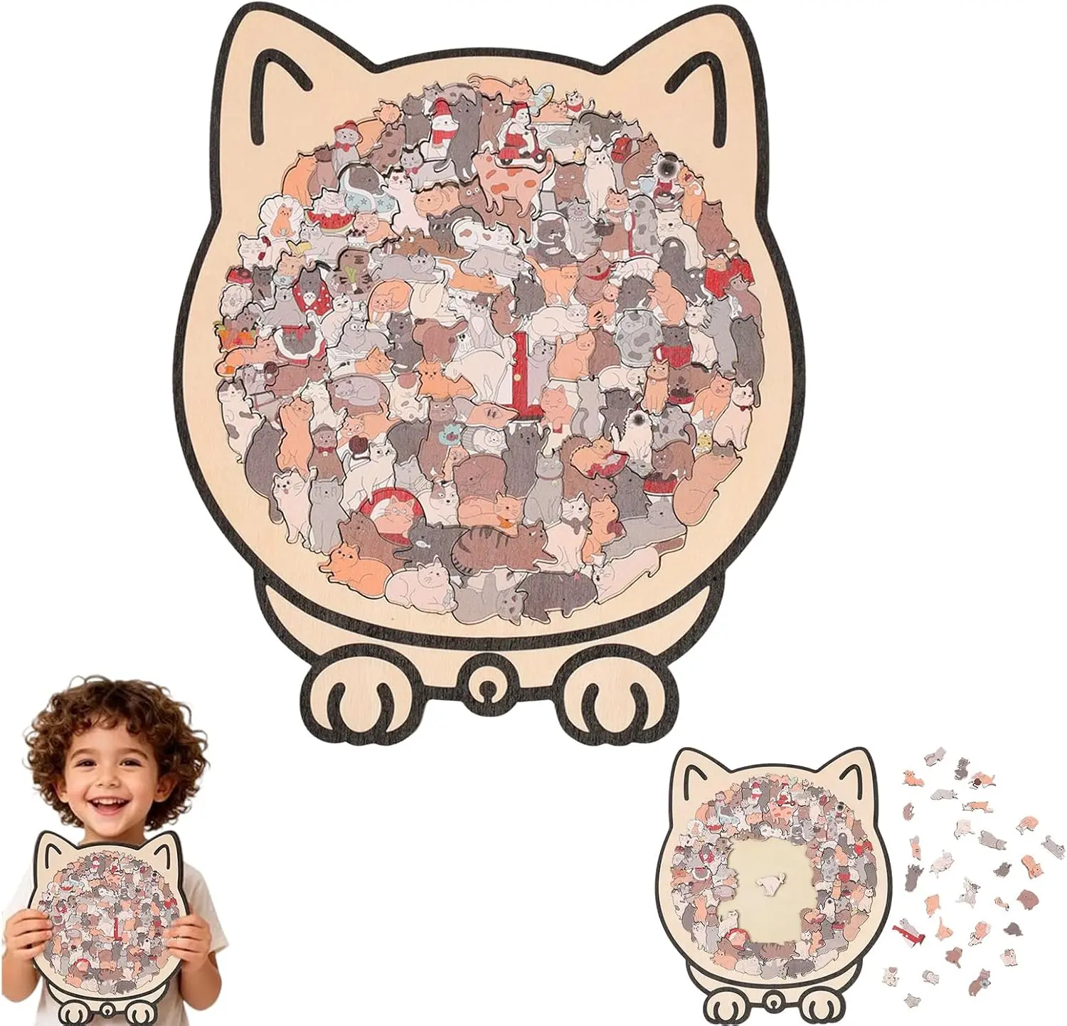 135-Piece Cat-Shaped Morandi Contour Border Wooden Puzzle High-Difficulty Irregular Stress-Relief Toy Desktop Decor Ideal Birthday & Holiday Gift
