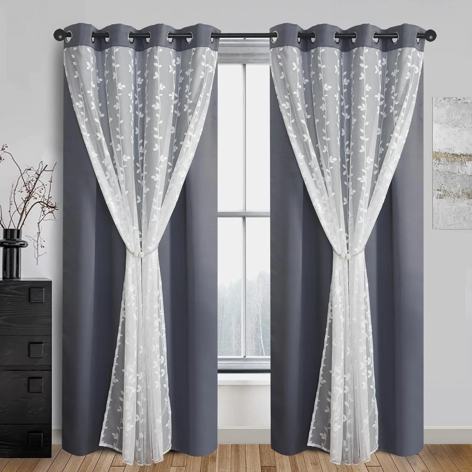 2 Pieces Double-layer Warp Knitted Wicker Ring Curtains Good Light Blocking and Translucency Suitable for Bedroom Living Room Use curtain sun eyelet shade insulation divider track roller window custom blackout screen large siz blacking