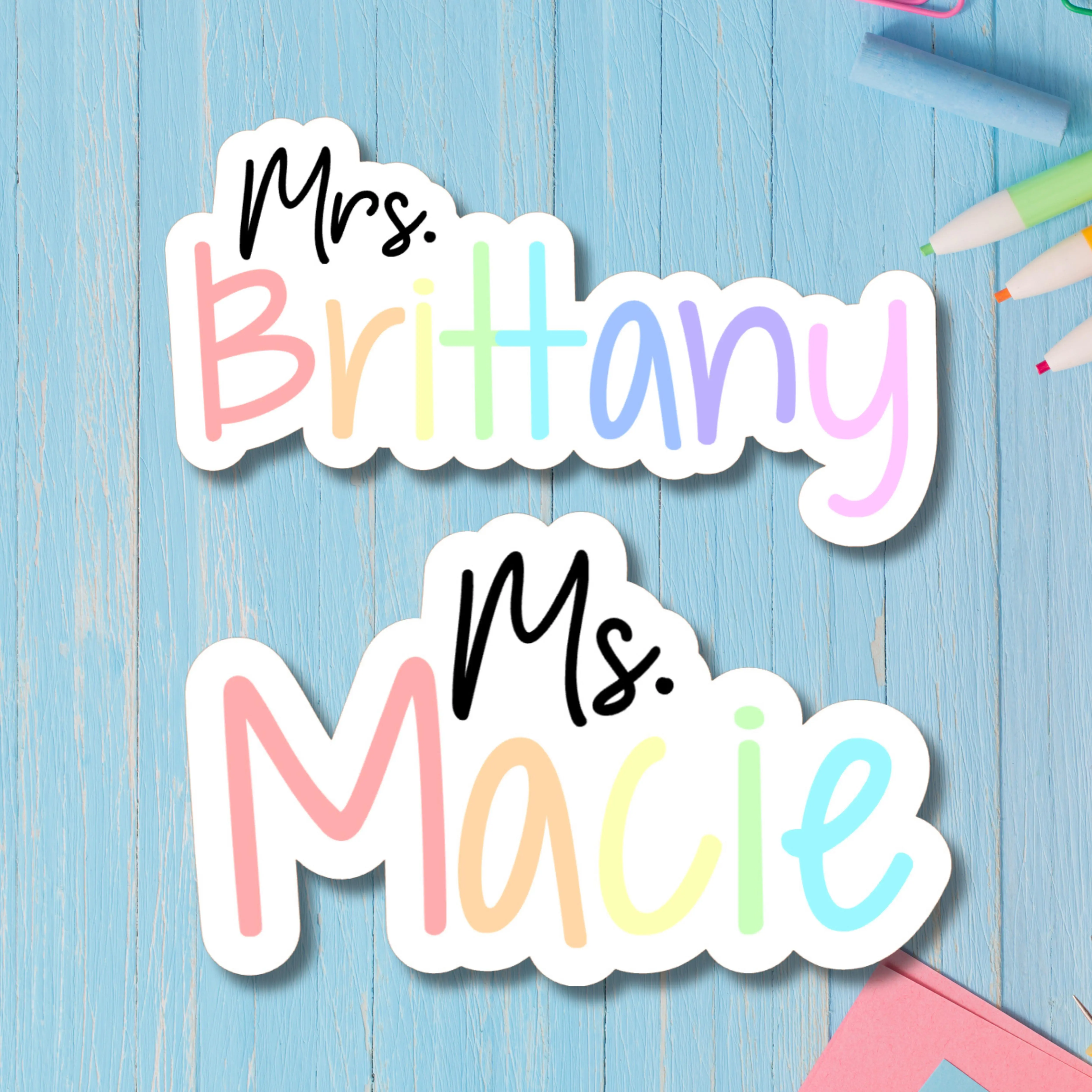 Rainbow Teacher Name Personalized Sticker - Vibrant Customizable for Desk Laptop or Classroom - Available in 3" to 8" Length