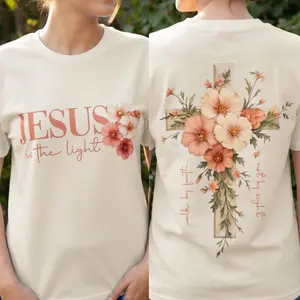 Jesus Is The Light Christian T Shirt Floral Cross Faith Shirt Religious Graphic Tee Women Christian Gift Church Outfit Inspirational Bible Verse Shirt