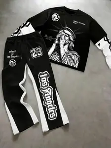 Unisex Street Style A trendy long-sleeved T-shirt with a Statue of Liberty print striped crew neck and a faux two-piece design, paired with black and white patchwork Los Angeles letter print sweatpants, Outfit, Suitable for streetwear, hip-hop, rap, Y2K