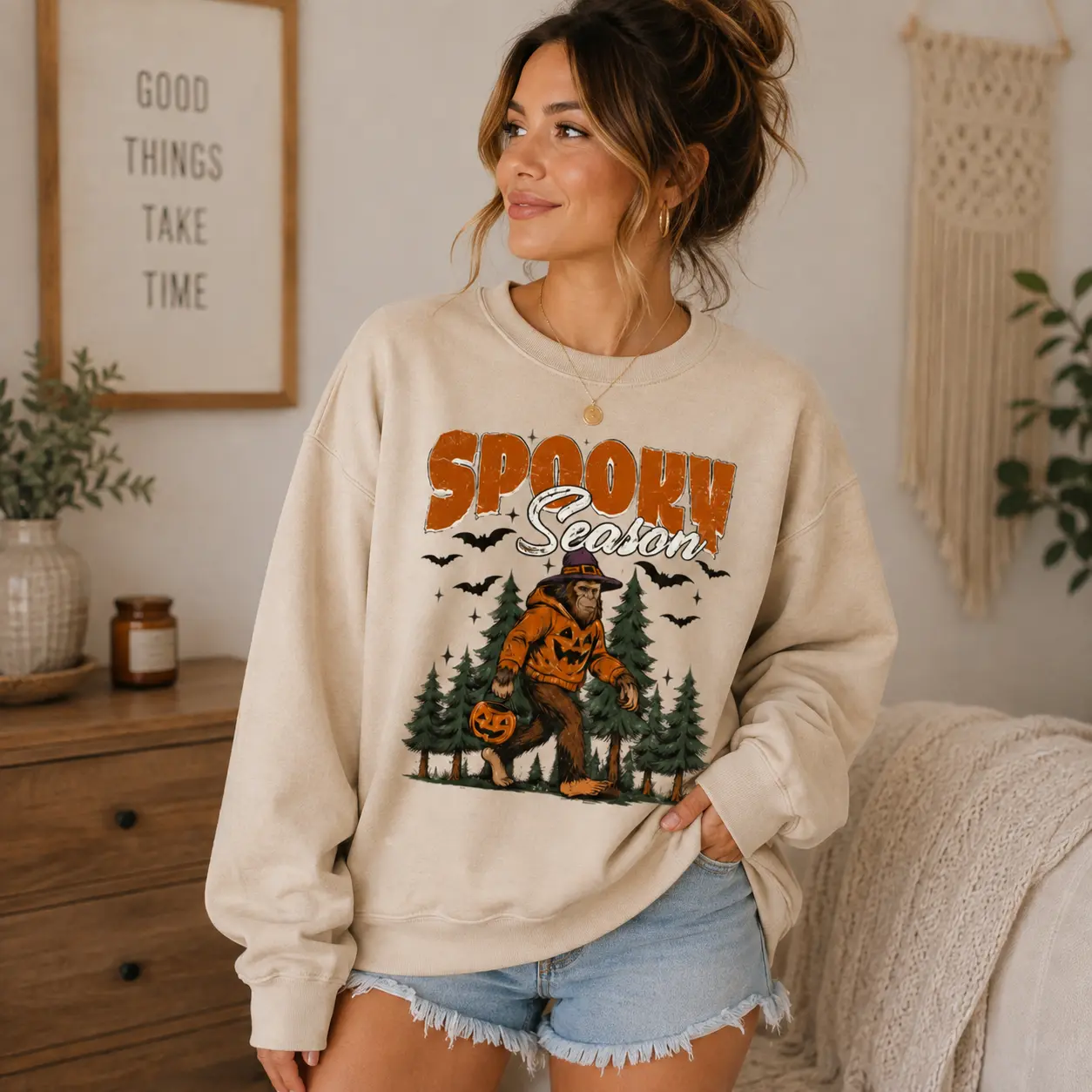 Spooky Season Bigfoot Sweatshirt Vintage Halloween Sasquatch Graphic Crewneck Cozy Retro Vibe - Kato Fshion Casual Essential