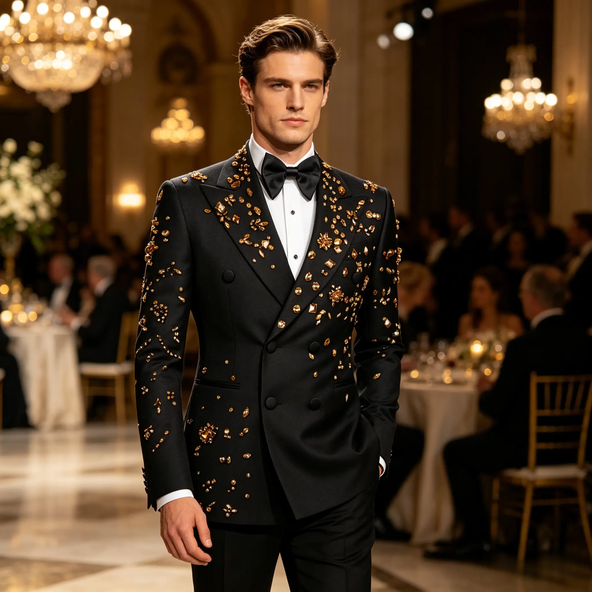 Men's Fancy Rhinestone Blazer, Slim Fit Double-Breasted Rayon Tuxedo Suit Jacket for Weddings & Stage Performances