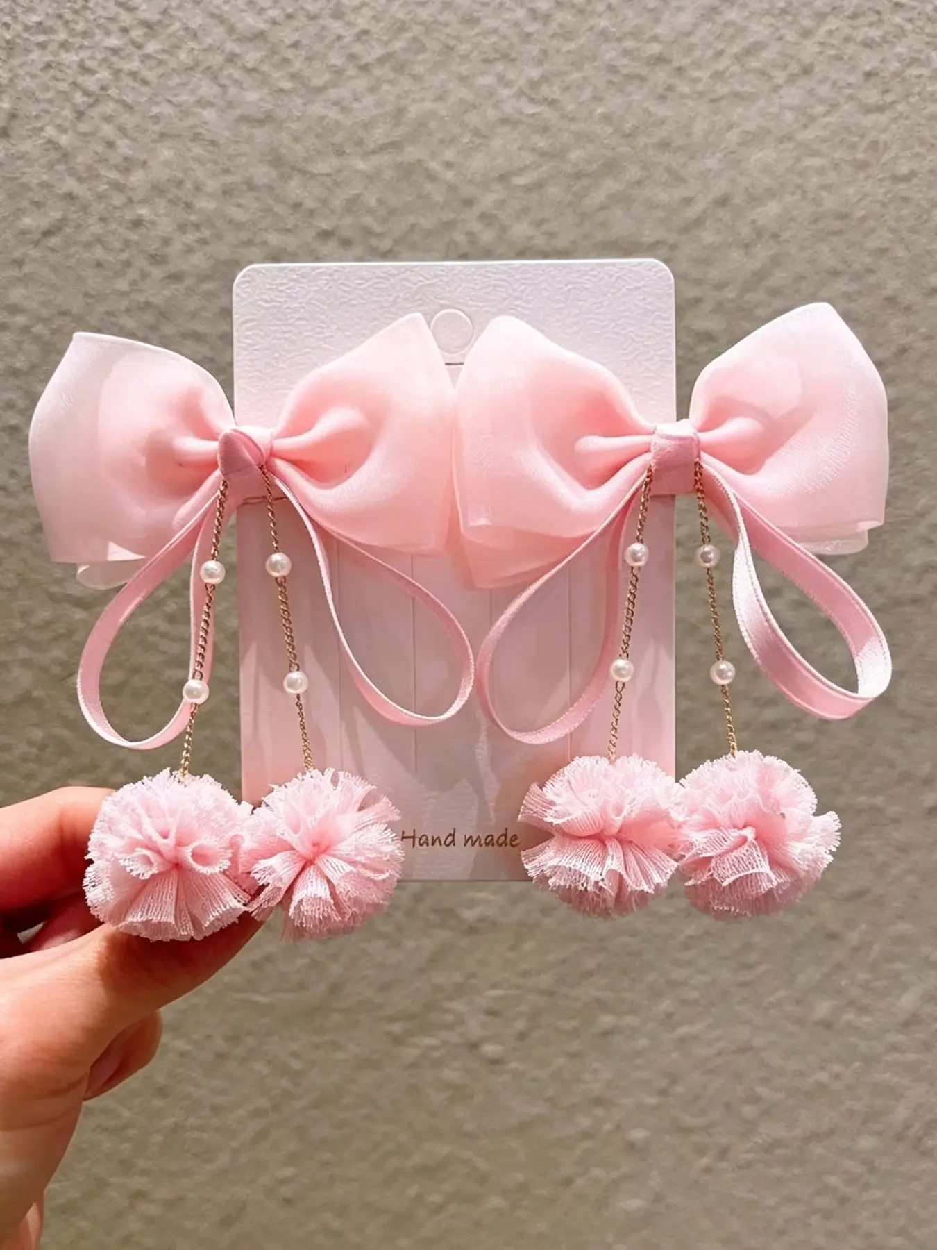2 Pcs Women's Sweet Cute Mesh Bow Hair Clips, Fashion Elegant Design with Pearl Chain and Net Pompon, Girl Style Side Clip