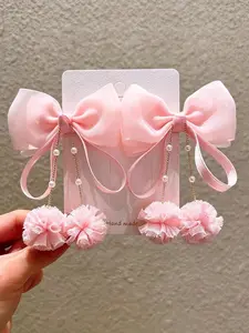 2 Pcs Women's Sweet Cute Mesh Bow Hair Clips, Fashion Elegant Design with Pearl Chain and Net Pompon, Girl Style Side Clip