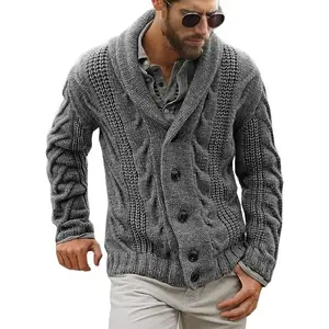 Mens Cable Knit Cardigan Sweater Shawl Collar Loose Fit Long Sleeve Casual Cardigans