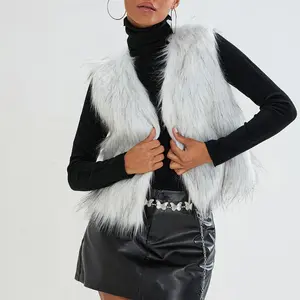 Women Faux Fur Vest, Sleeveless Open Front Solid Outwear Gilet for Casual Street