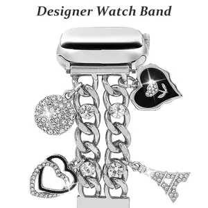 Cuban Chain Band Compatible with Apple Watch Bands 38/40/41/42/44/45 46 49mm Women,Bling Diamond Chain Dressy Metal Wristband Cute Charms Pendants for iWatch Series 10 9 8 7 6 5 4 3 SE Ultra