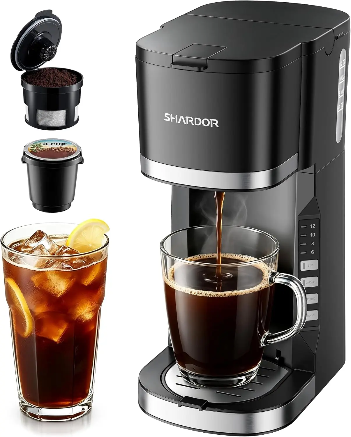 SHARDOR Mini Single Serve Coffee Maker for K-Cup Pods & Grounds, Hot & Iced | 6-12oz Brew Sizes, Compact Coffee Brewer with Adjustable Removable Drip Tray for Home, Office, Dorm, RV & Travel, Black