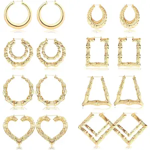 Jstyle 8 Pairs Bamboo Earrings for Women Large Different Shape Bamboo Hoop Earrings Set Chunky Silver Big Hoop Earring Hip-Pop Style Fashion Custom Jewelry Party Accessory Daily