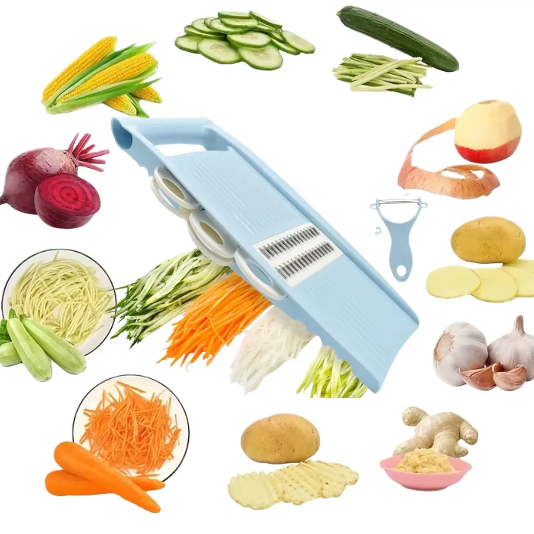 5-in-1 Stainless Steel Vegetable Slicer Set with Replaceable Blades - Manual Food Processor, capable of shredding, grating, spiral shredding, slicing, mincing | Ergonomic safety stand and non-slip base | Multifunctional Kitchen