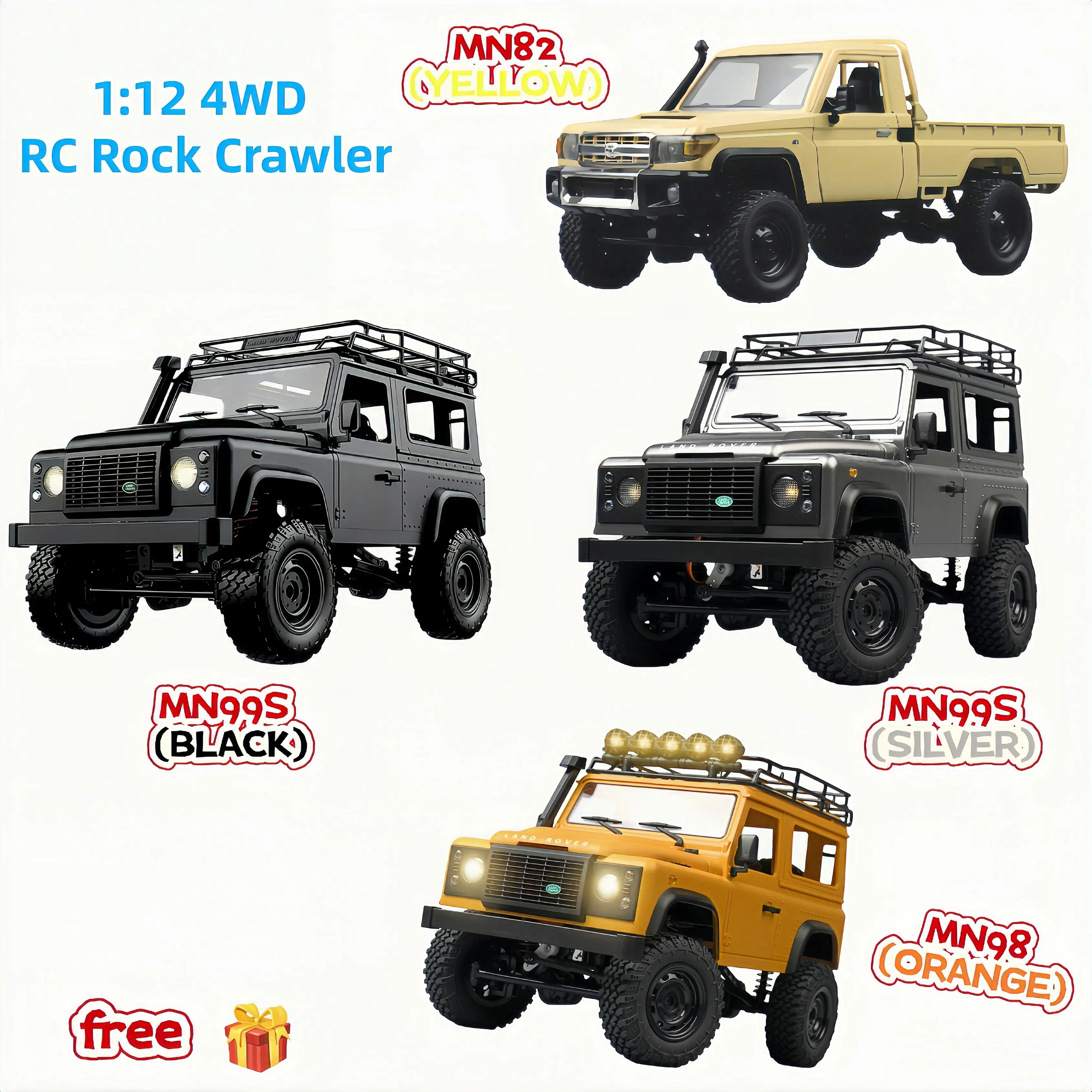 MN82/MN99S/MN98 1:12 & JXC18 1:18 RC Rock Crawlers, 2.4GHz High-Torque 4WD Rechargeable Remote Control Cars with Dual-Speed, LED Lights & 2 Batteries