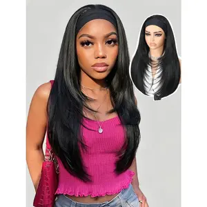 Quantum Love Headband Wig Layered Long Straight Half Wigs for Black Women Glueless Put and Go Synthetic Headband Wigs for Beginner Friendly (24inch Natural Black)