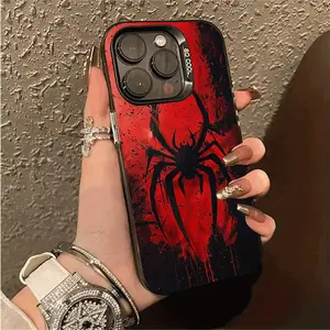 A black electroplated anti-drop phone case with a spider pattern on a red background, suitable for iPhone 17 Air/16 Plus/15 Pro Max/14 Pro/13/12/11/XS Max/X phone case, perfect choice for Halloween gifts for family, friends, lovers, or boyfriends CY103