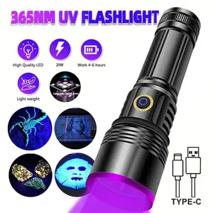 20W 365nm UV Flashlight USB Rechargeable - Multi-Use UV Black Light for Pet Stain Remover, Bed Bug Finder, Resin Curing & A/C Leak Detection