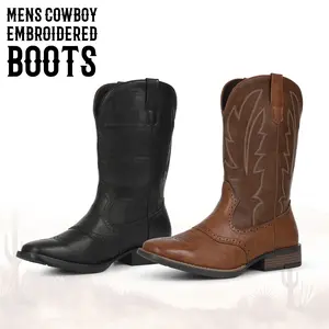 CYNLLIO Cowboy Boots for Men Square Toe Chunky Block Heel Embroidered Mid Calf Western Boots Slip on Retro Country Boots Rivora Shoes