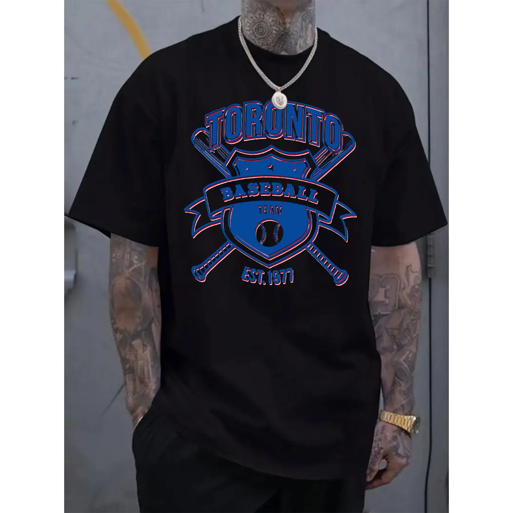 Men's Toronto Baseball Graphic T-Shirt - Royal Blue Casual Crew Neck Short Sleeve Tee with "EST 1977" Design, Comfortable Summer Shirt for Sports & Casual Attire