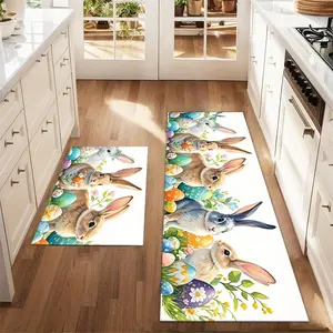 2Pcs Watercolor painting of five Easter rabbits with flowers Floor mat set including farmhouse kitchen Rug dining room flooring laundry room decorative carpet mat