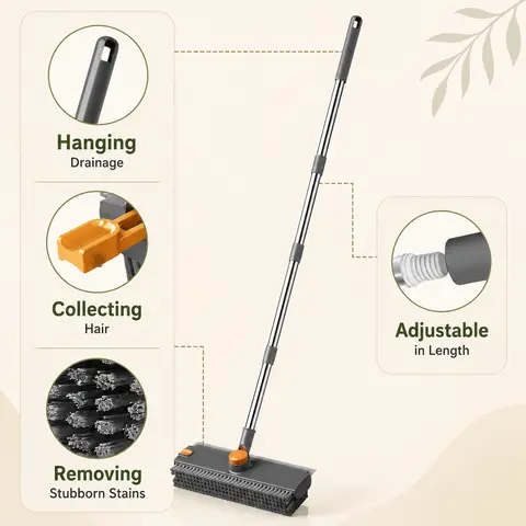 2-in-1 Sweeping and Brush Floor Broom, Adjustable-Length Long-Handled Cleaning Supply for Hard Floors, Hard-to-Reach Corners, Multi-Functional Home Dust Removal Tool