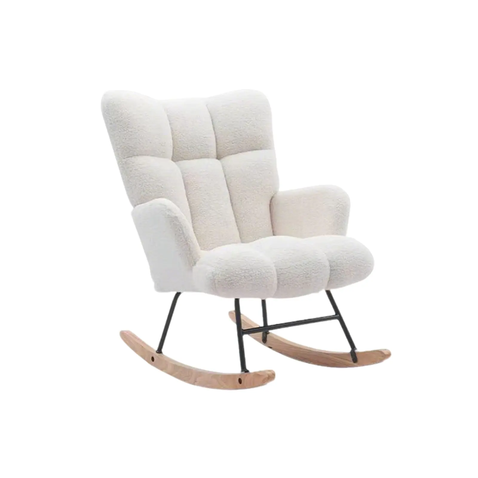 Teddy Fleece Rocking Chair, Upholstered Comfy Glider Rocker Chair with Solid Wood Rockers & Metal Frame, Ergonomic High Back Accent Lounge Chair for Nursery Bedroom Living Room Reading Nook, White