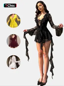Women's Fashion Y2K Lace Bow Tie Flounce Sleeve Dress, Trendy Comfortable Long Sleeve, Stylish Ladies' Clothing