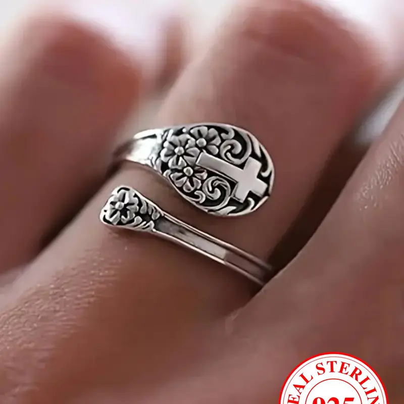 925 Sterling Silver Vintage Cross & Flower Decor Cuff Ring, Adjustable Open Ring For Women & Men, Fashion Accessories For Party, Daily Clothing Decor, Everyday Ring, Vintage Rings, Vintage Rings Jewelry