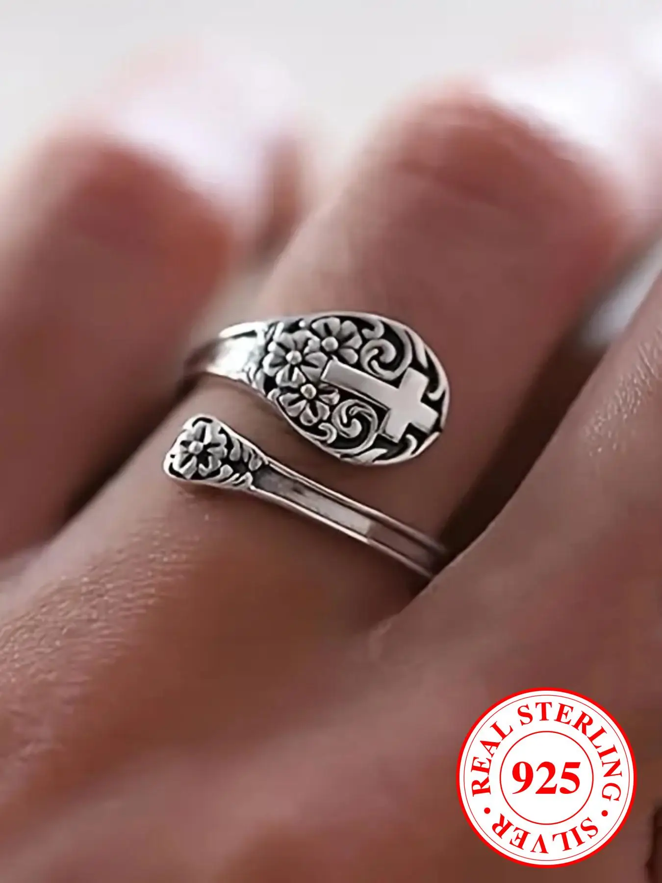 925 Sterling Silver Vintage Cross & Flower Decor Cuff Ring, Adjustable Open Ring For Women & Men, Fashion Accessories For Party, Daily Clothing Decor