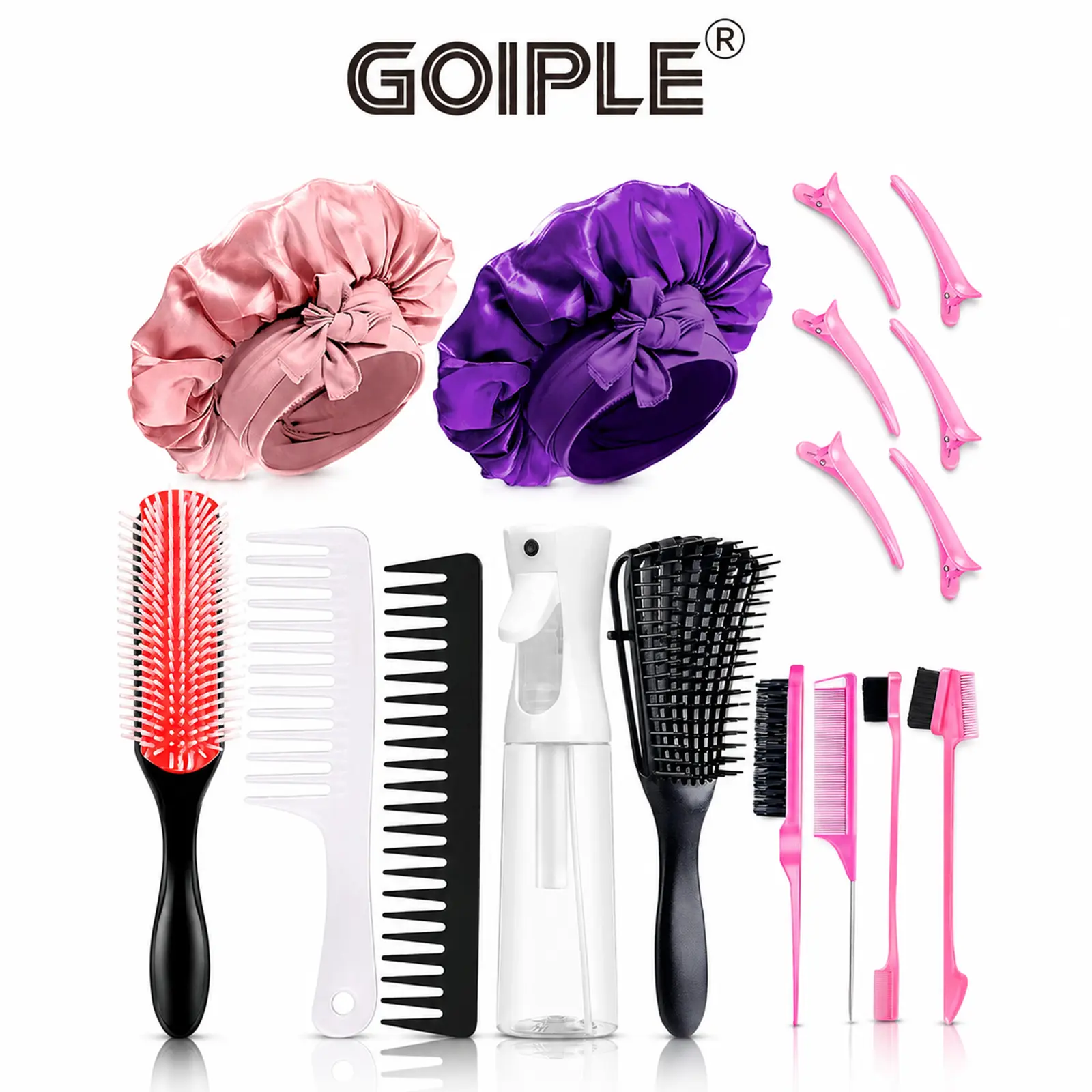 Goiple 17-Piece Hair Brush Set, Detangling & Styling Kit with Wide Tooth Comb, 9-Row Brush & Satin Bonnet, for All Hair Types, Pink
