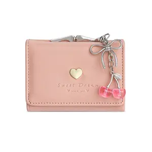 Cute Cherry Bow Charm Small Wallet for Women, Coquette Aesthetic Tri-fold PU Leather Card Holder with ID Window & Kiss Clasp, Mini Compact Purse for Girls Gift
