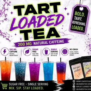 Tart Loaded Tea (1) 200MG Caffeine Each package is packed with vitamins B3, B6, B9, and B12, as well as taurine. Taurine has antioxidant properties and can help with muscle tone. We use 100% sugar free enhancers sweetend with sucralose