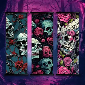 Hanging Axle That Can Be Directly Hung On The Wall, Halloween Decoration, Large Area Wall Use, 3-piece set Manga style roses skeletons  Pattern Bizarre terrifying style, Home Living Room Bedroom Office Hallway Corridor Wall Art Decoration, Home Decor