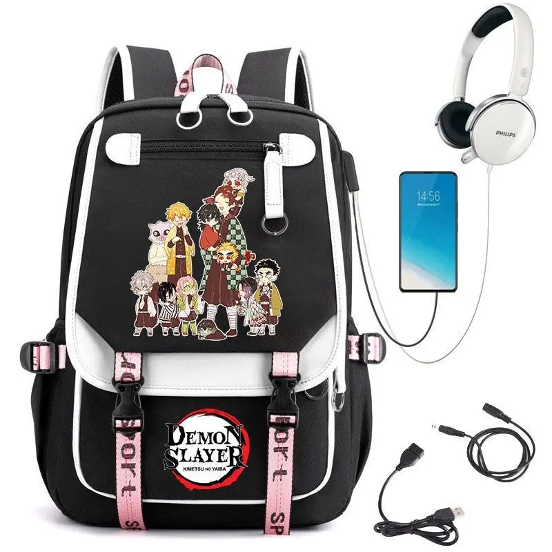 Cute Anime Character Print Backpack, USB Charging Port Headphone Jack Design Daypack, Multi Pocket Casual Travel Rucksack