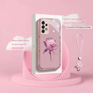 Crystal pink rose Phone case cover suitable for Samsung Galaxy A73 5G/A13 5G/A14 5G/A15 4G/A16 5G/A22 5G/A23/A24/A25/A26 5G/A30/A31/A32 5G/A33 5G/A34 5G/A36/A42/A50/A51/A52/A53/A54 5G/A55/A56/A70/A71/A12 glass protective case with lanyard